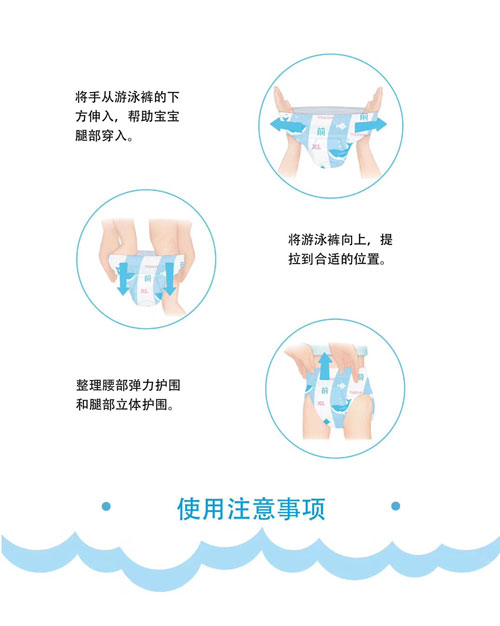 游泳裤使用方法：将手从游泳裤下方伸入，将游泳裤向上提拉到合适的位置，整理腰部弹力护围