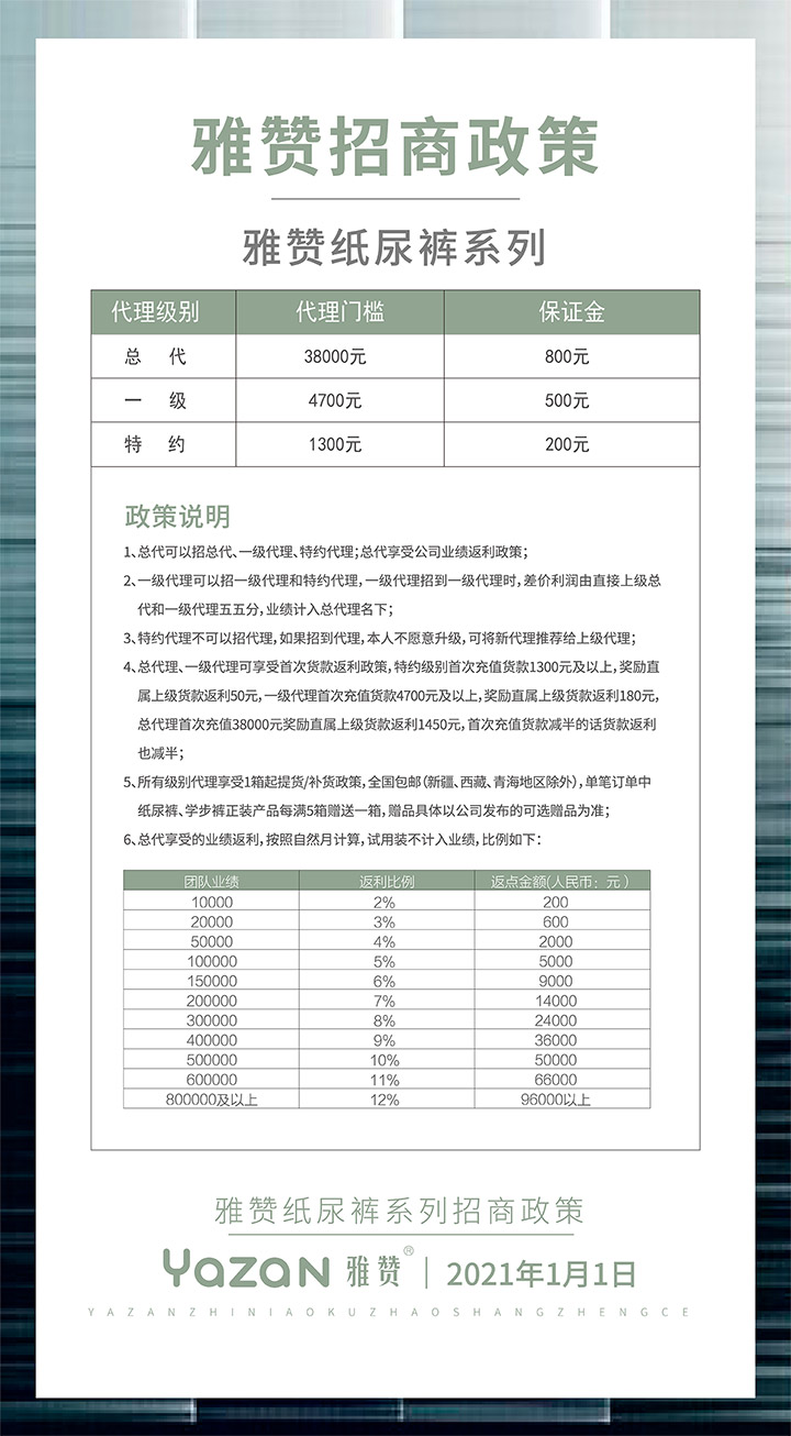 雅赞招商代理政策2021最新纸尿裤系列